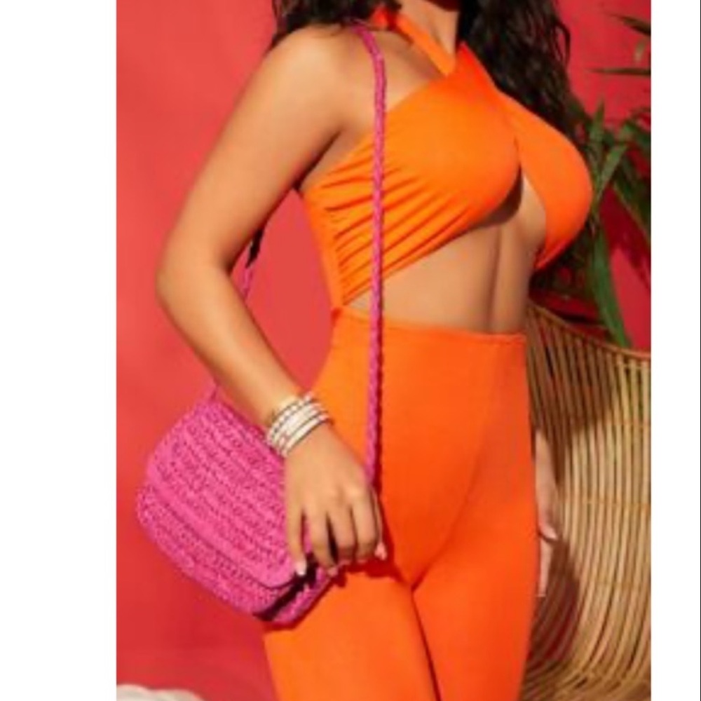 New SHEIN Straw Knit Lined Crossbody Bag in Neon Pink 9in x 6 in